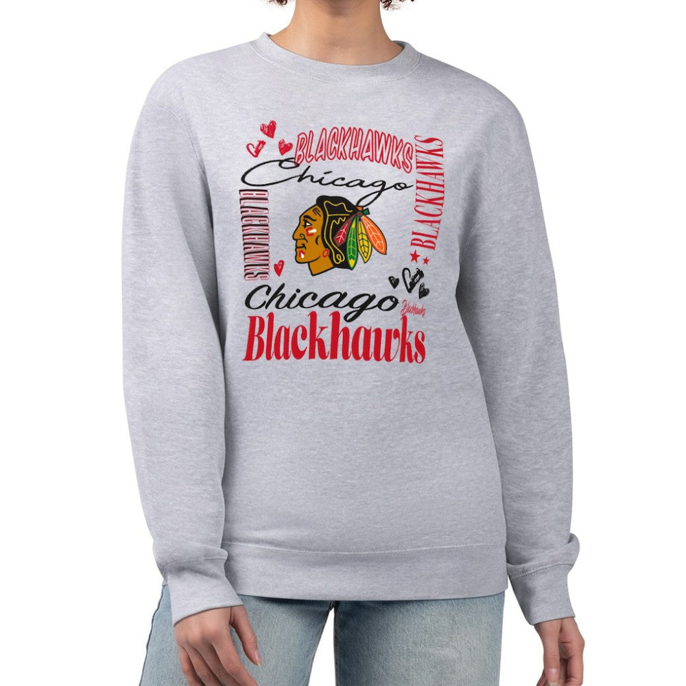 Chicago Blackhawks G-III 4Her by Carl Banks Women's Collage Graphic Fleece Long Sleeve Pullover Sweatshirt - Heather Gray | US 201622775