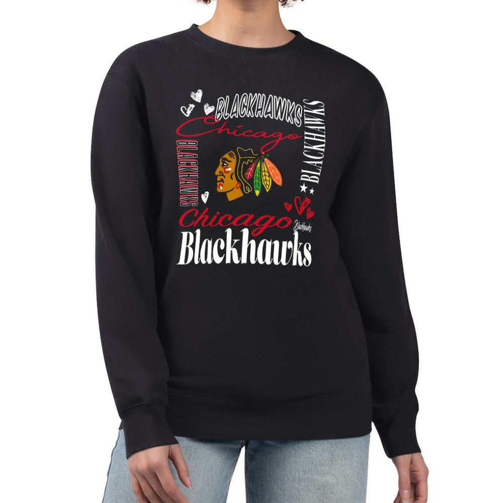 Chicago Blackhawks G-III 4Her by Carl Banks Women's Collage Graphic Fleece Long Sleeve Pullover Sweatshirt - Black | US 201622811