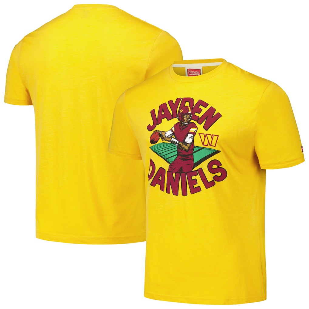 Jayden Daniels Washington Commanders Homage Unisex Caricature Player Tri-Blend T-Shirt - Gold T-shirts