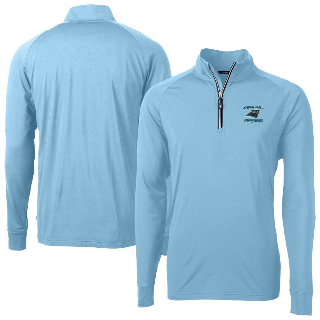 Carolina Panthers Cutter & Buck Adapt Eco Knit Stretch Recycled Raglan Quarter-Zip DryTec Top - Light Blue Tops