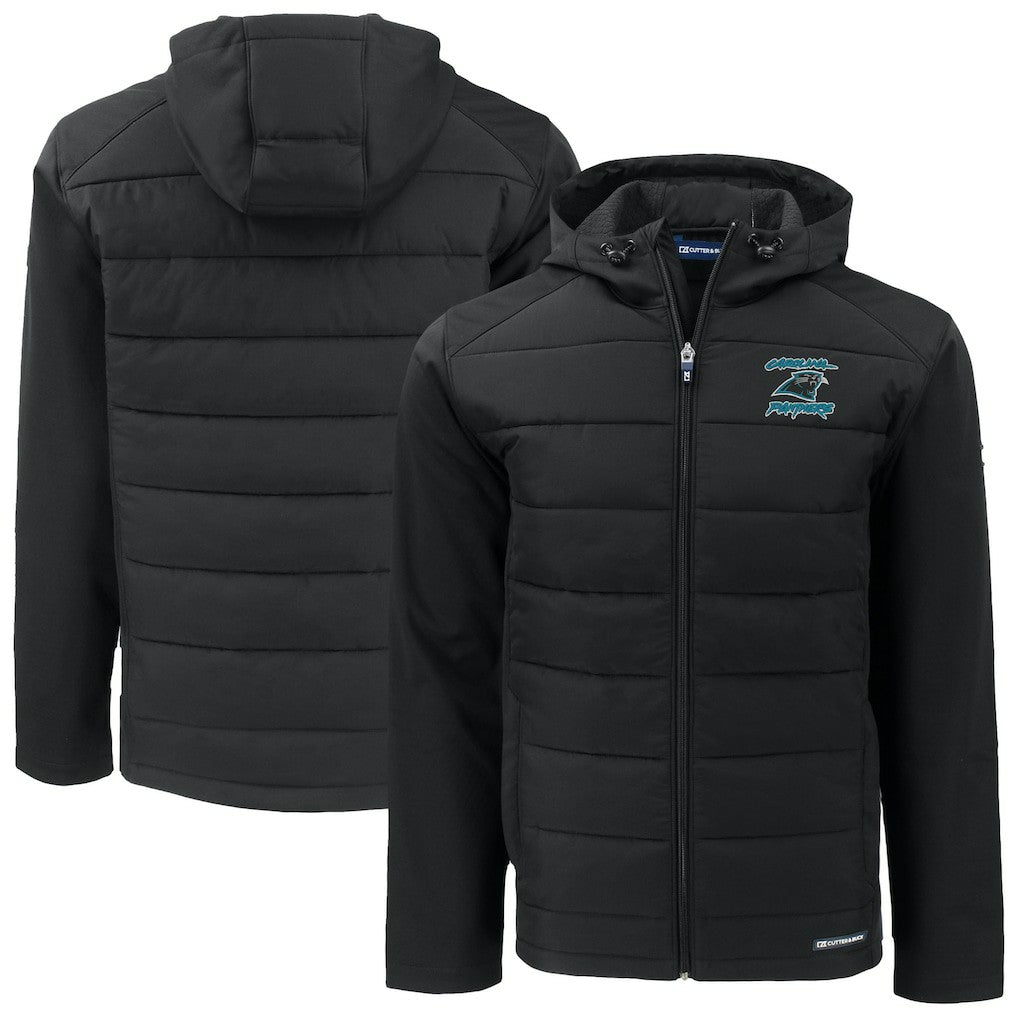 Carolina Panthers Cutter & Buck Evoke Hybrid Eco Softshell Recycled Full-Zip Hoodie Jacket - Black Hoodies