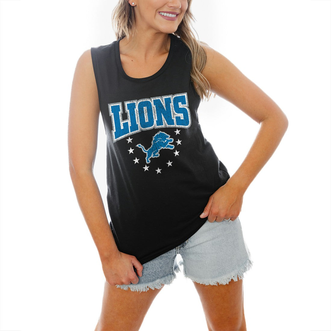 Detroit Lions Gameday Couture Women's Baby You're A Star Racerback Scoop Neck Tapered Tank Top - Black Tops