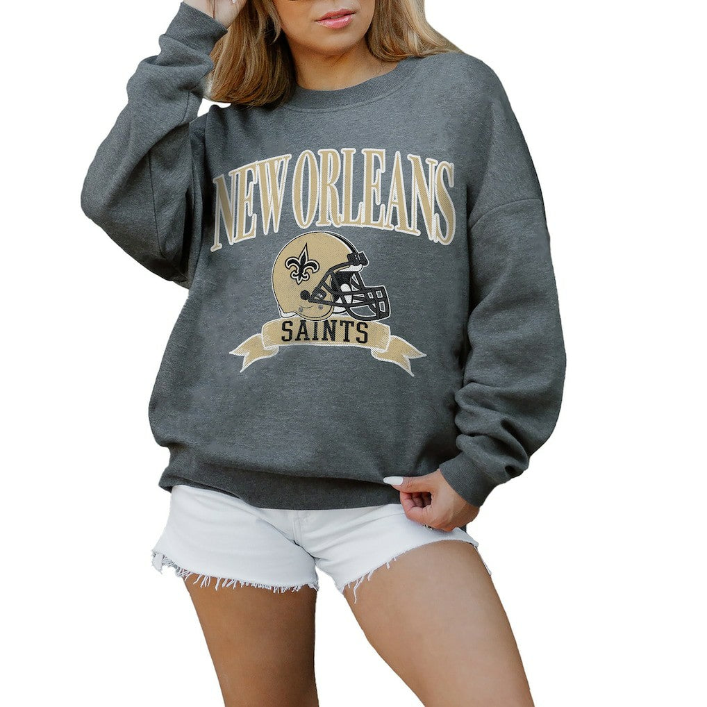 New Orleans Saints Gameday Couture Women's Oversized Seal The Deal Premium Fleece Drop Shoulder Pullover Sweatshirt - Charcoal Pullover