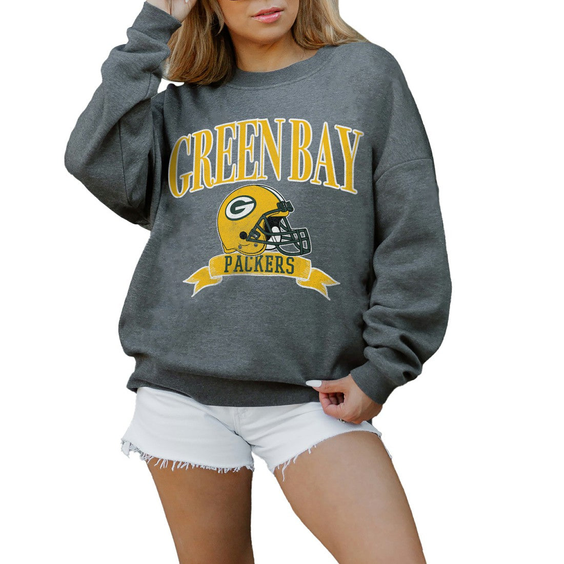 Green Bay Packers Gameday Couture Women's Oversized Seal The Deal Premium Fleece Drop Shoulder Pullover Sweatshirt - Charcoal Pullover