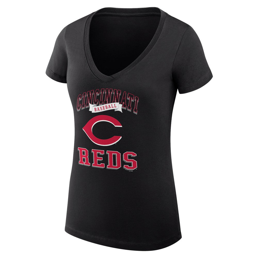 Cincinnati Reds G-III 4Her by Carl Banks Women's Super-Slim Fit Lightweight Team Logo Graphic V-Neck T-Shirt - Black T-shirts
