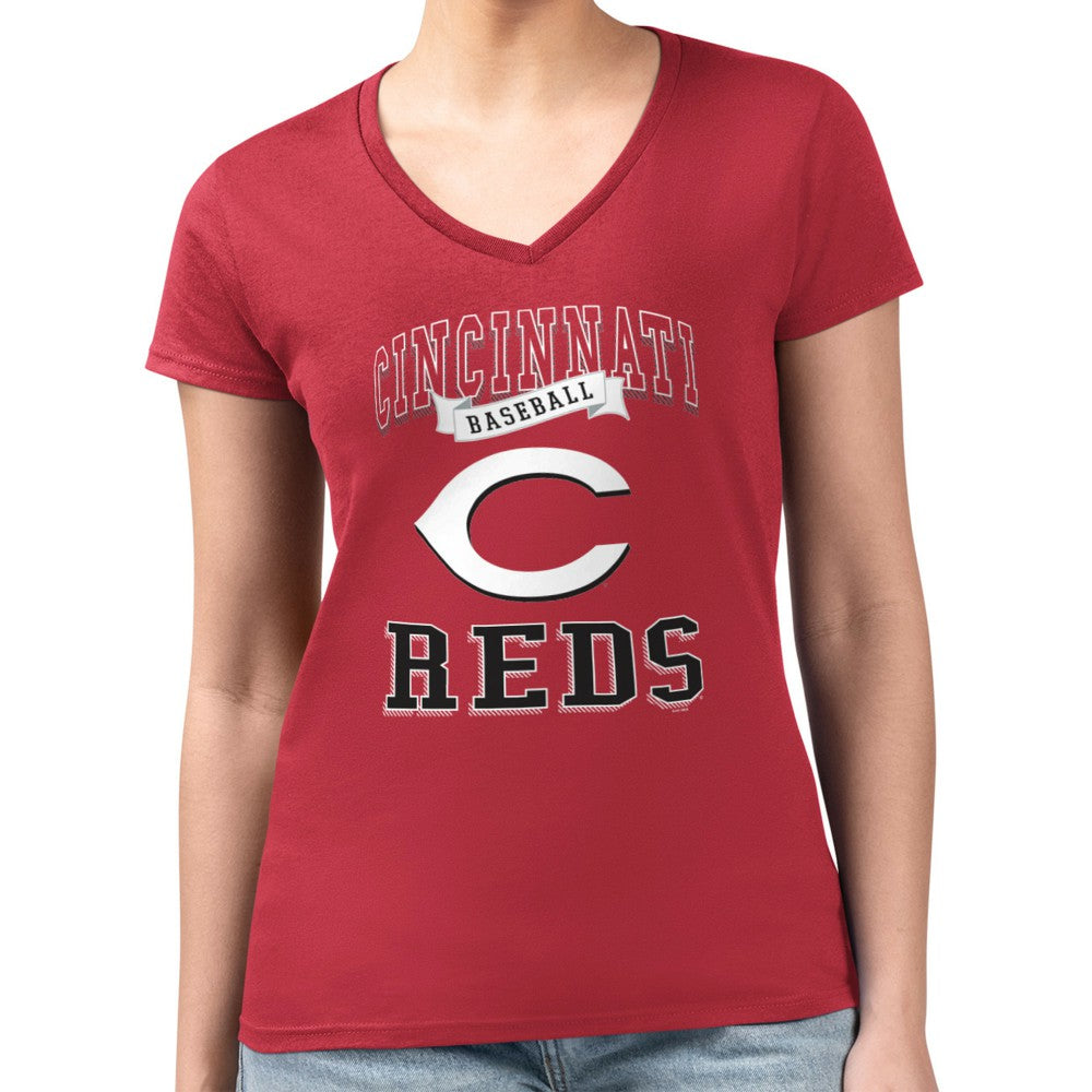 Cincinnati Reds G-III 4Her by Carl Banks Women's Super-Slim Fit Lightweight Team Logo Graphic V-Neck T-Shirt - Red T-shirts