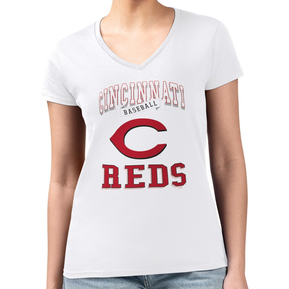 Cincinnati Reds G-III 4Her by Carl Banks Women's Super-Slim Fit Lightweight Team Logo Graphic V-Neck T-Shirt - White T-shirts