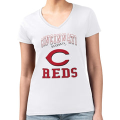 Cincinnati Reds G-III 4Her by Carl Banks Women's Super-Slim Fit Lightweight Team Logo Graphic V-Neck T-Shirt - White T-shirts