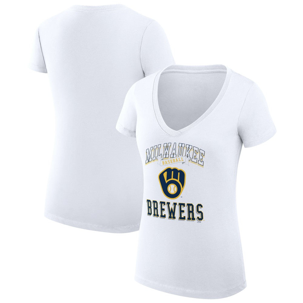 Milwaukee Brewers G-III 4Her by Carl Banks Women's Super-Slim Fit Lightweight Team Logo Graphic V-Neck T-Shirt - White T-shirts