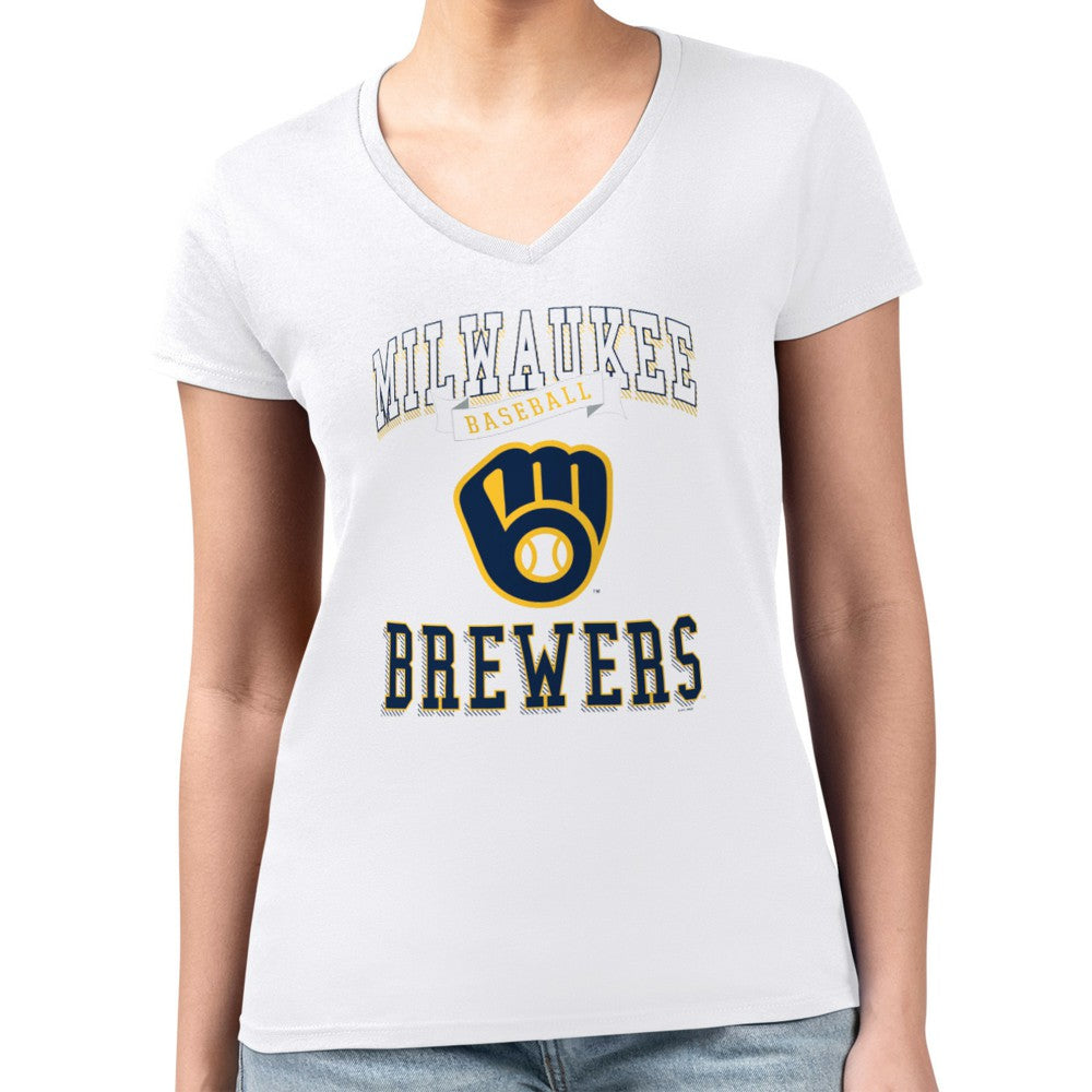 Milwaukee Brewers G-III 4Her by Carl Banks Women's Super-Slim Fit Lightweight Team Logo Graphic V-Neck T-Shirt - White T-shirts