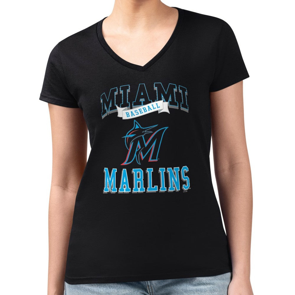 Miami Marlins G-III 4Her by Carl Banks Women's Super-Slim Fit Lightweight Team Logo Graphic V-Neck T-Shirt - Black T-shirts