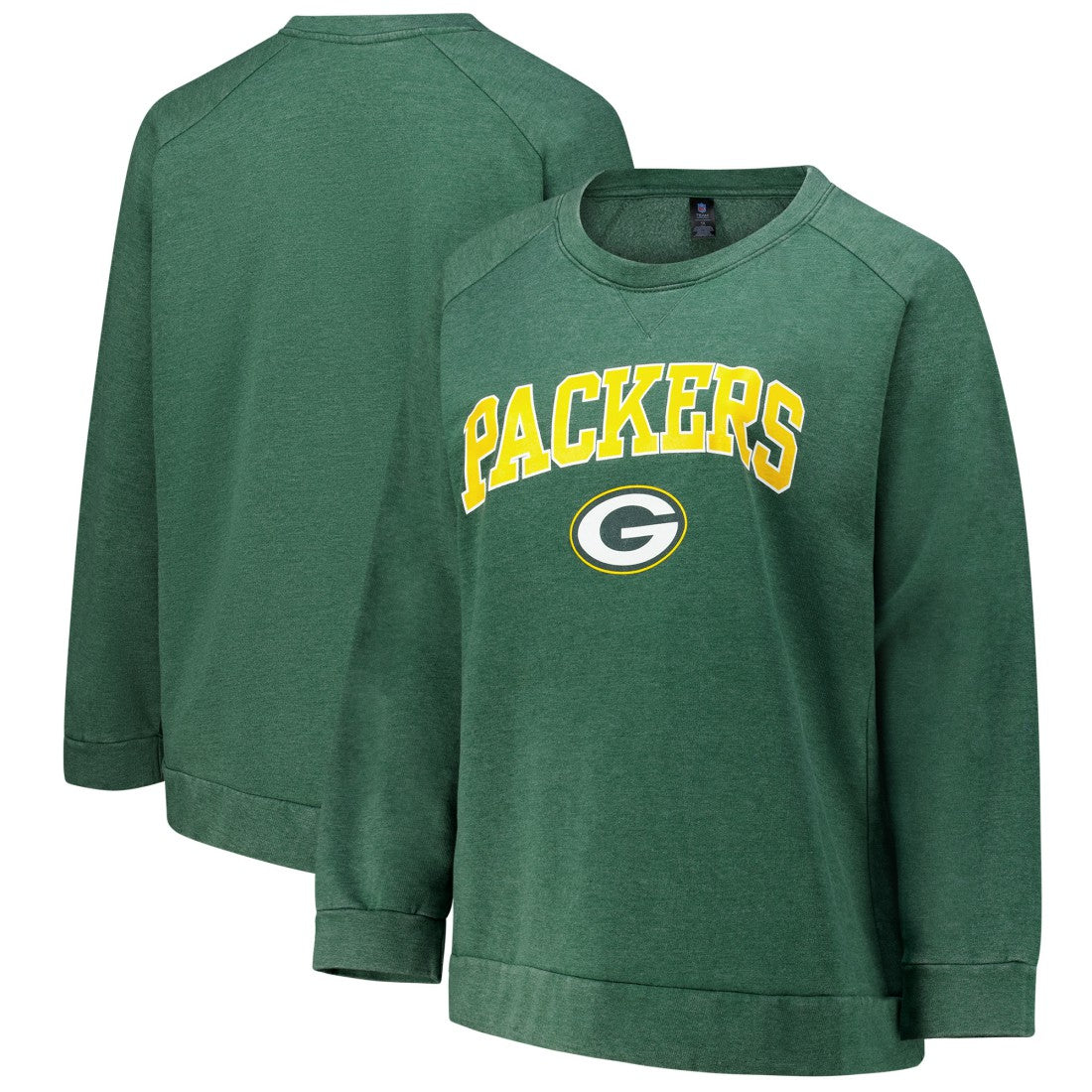 Green Bay Packers Profile Women's Plus Size Acid Wash Raglan Sweatshirt - Heather Green Sweatshirts