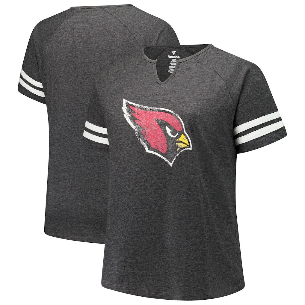 Arizona Cardinals Women's Plus Size Logo Striped Raglan Notch Neck T-Shirt - Charcoal T-shirts