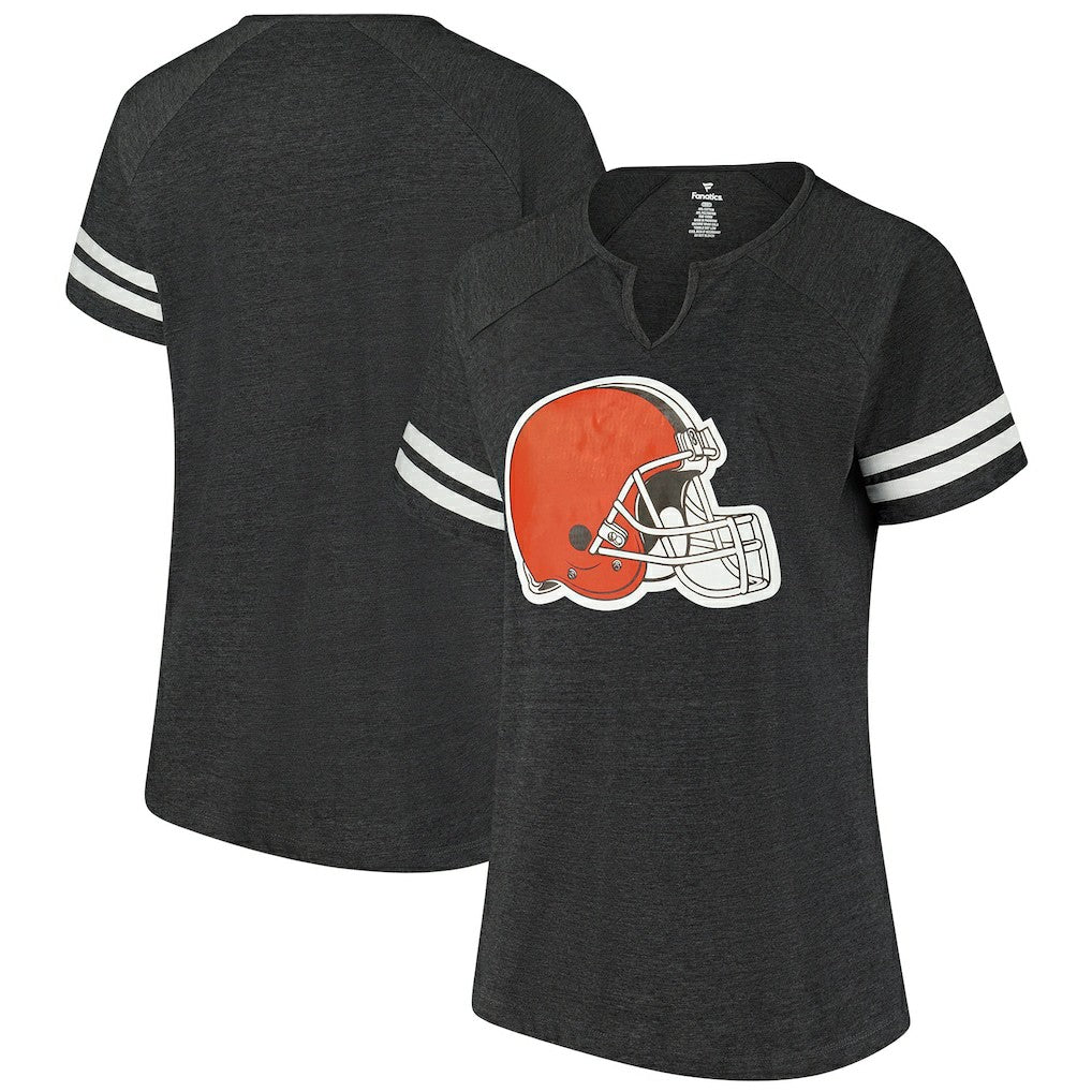 Cleveland Browns Women's Plus Size Logo Striped Raglan Notch Neck T-Shirt - Charcoal T-shirts