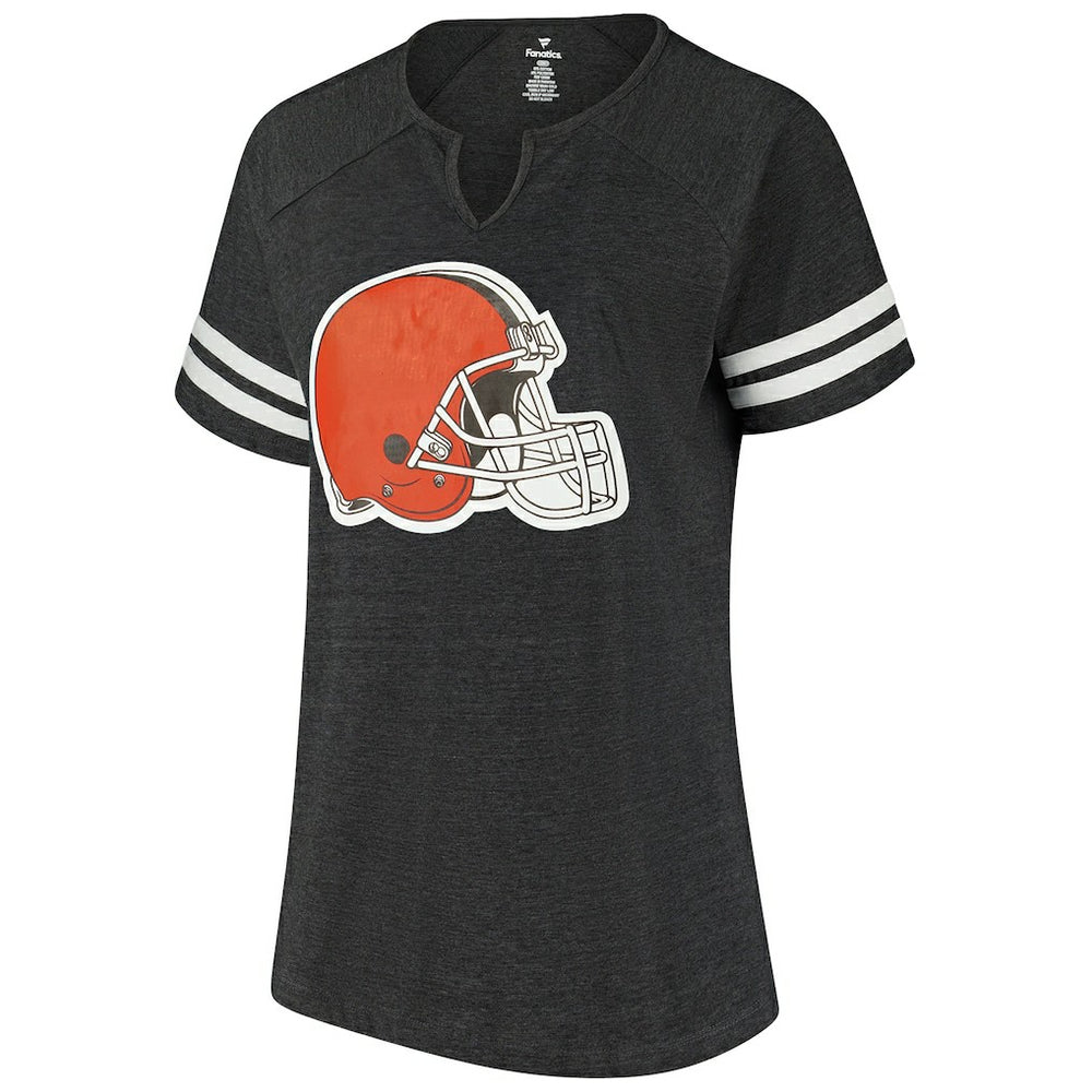 Cleveland Browns Women's Plus Size Logo Striped Raglan Notch Neck T-Shirt - Charcoal T-shirts
