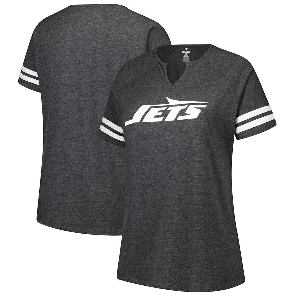 New York Jets Women's Plus Size Logo Striped Raglan Notch Neck T-Shirt - Charcoal T-shirts