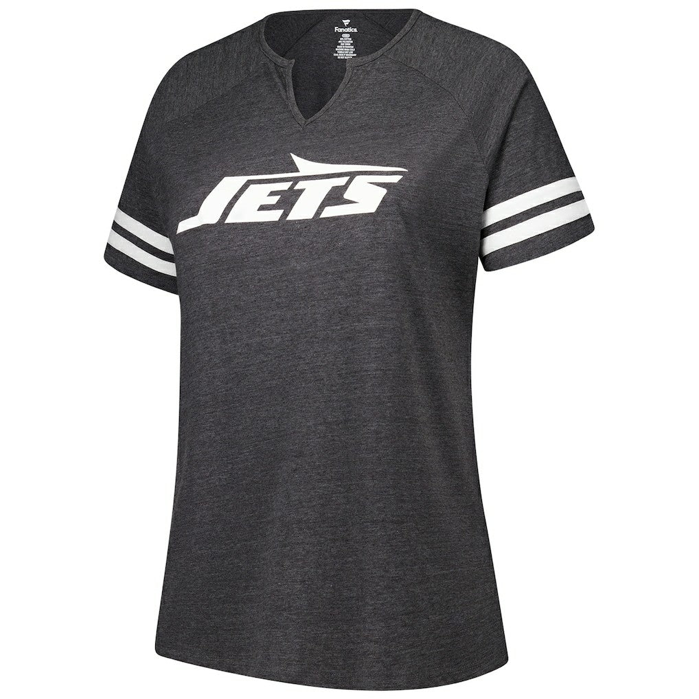 New York Jets Women's Plus Size Logo Striped Raglan Notch Neck T-Shirt - Charcoal T-shirts