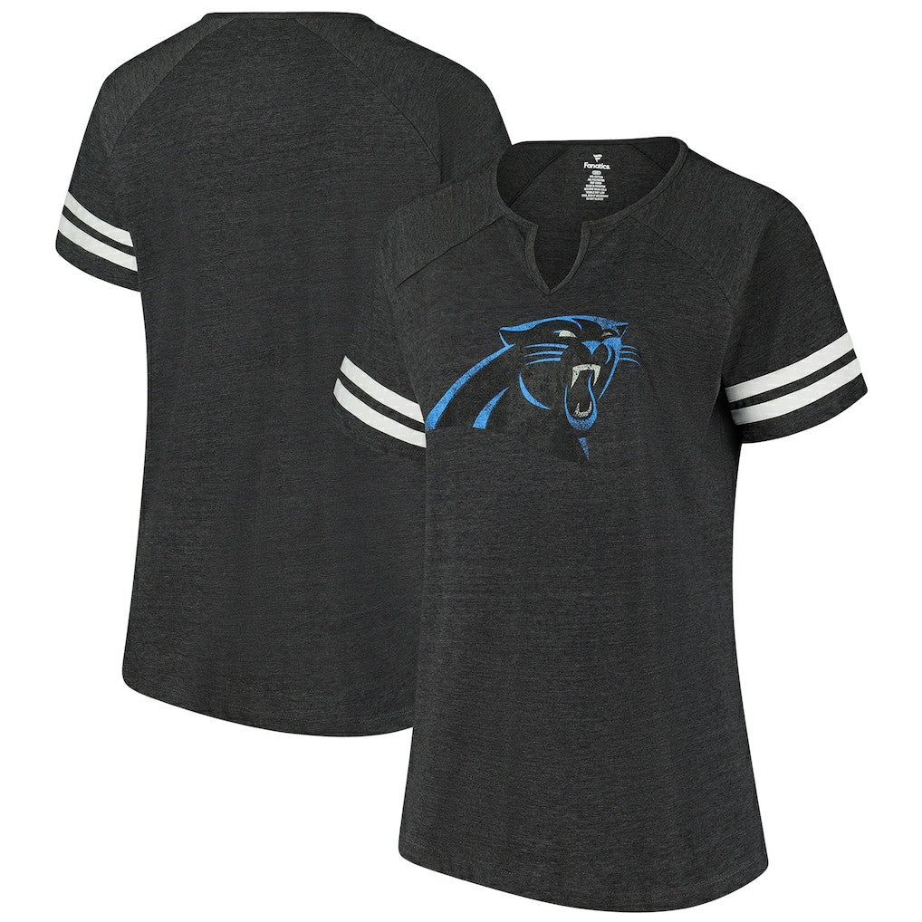 Carolina Panthers Women's Plus Size Logo Striped Raglan Notch Neck T-Shirt - Black T-shirts