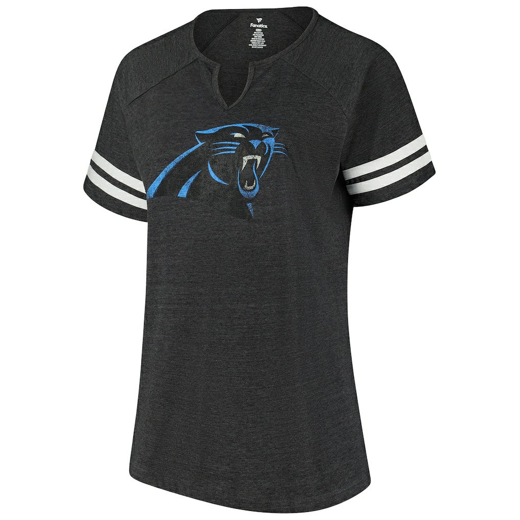 Carolina Panthers Women's Plus Size Logo Striped Raglan Notch Neck T-Shirt - Black T-shirts