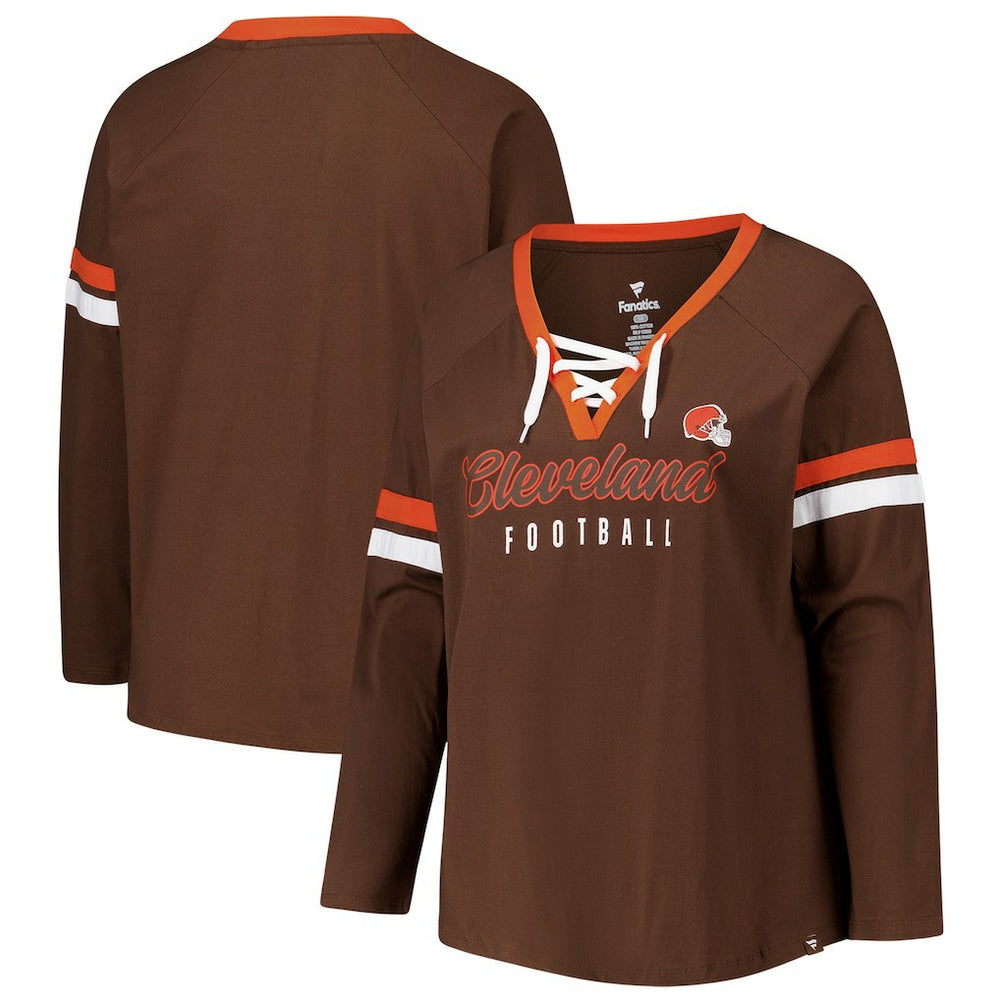 Cleveland Browns Women's Plus Size Won & Done Lace-Up V-Neck Long Sleeve T-Shirt - Brown T-shirts