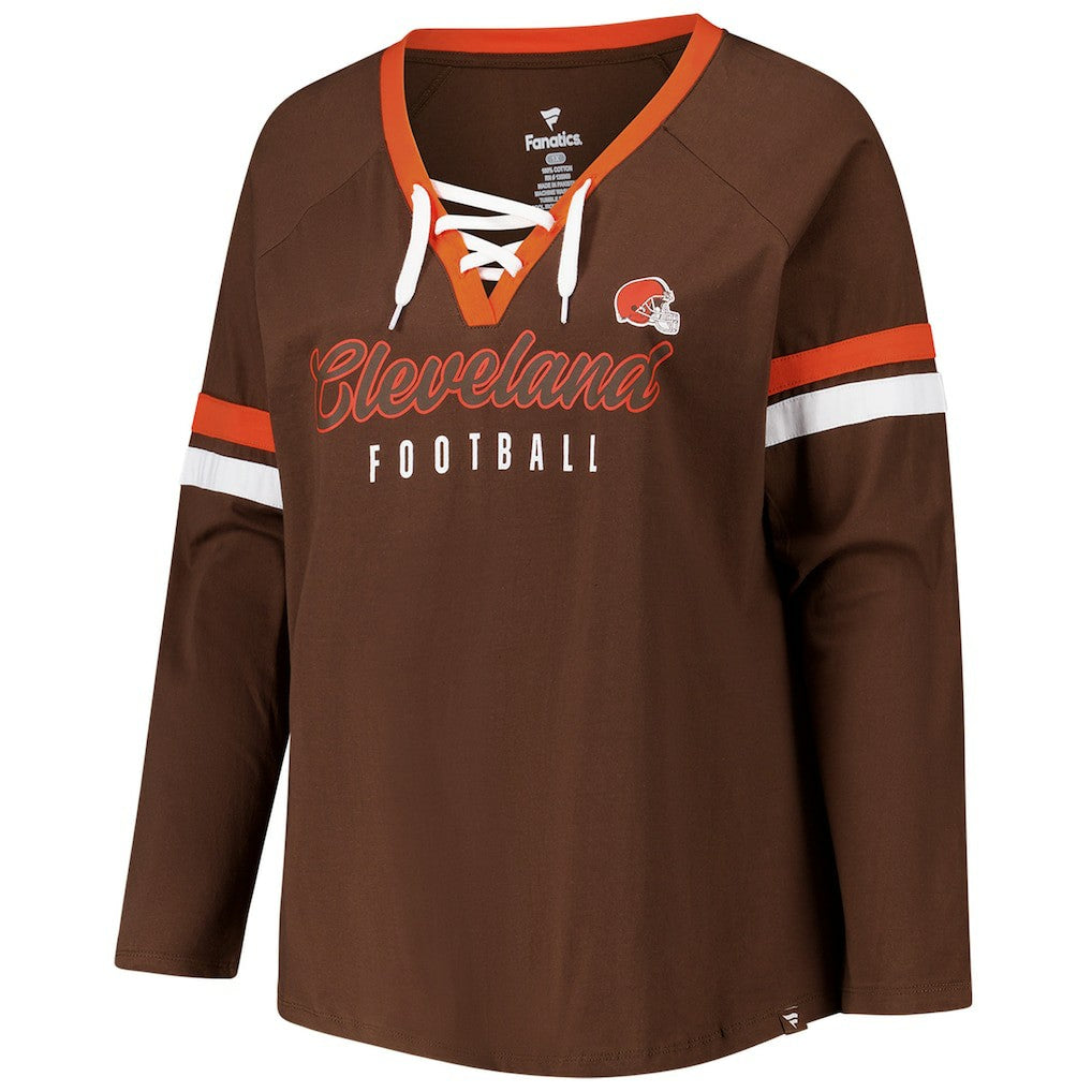 Cleveland Browns Women's Plus Size Won & Done Lace-Up V-Neck Long Sleeve T-Shirt - Brown T-shirts