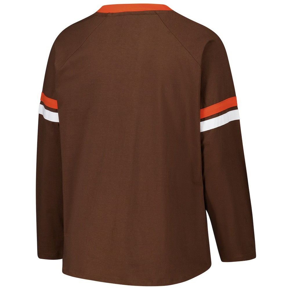 Cleveland Browns Women's Plus Size Won & Done Lace-Up V-Neck Long Sleeve T-Shirt - Brown T-shirts