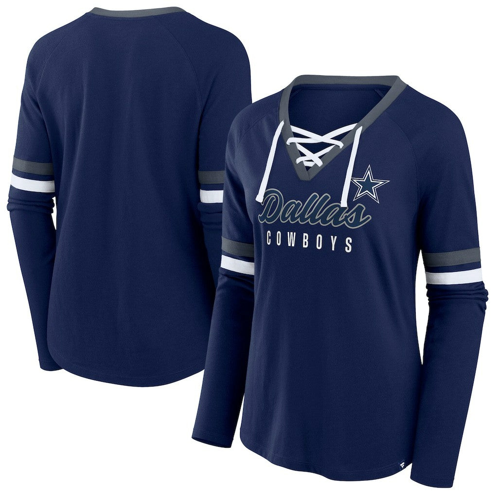 Dallas Cowboys Women's Plus Size Won & Done Lace-Up V-Neck Long Sleeve T-Shirt - Navy T-shirts