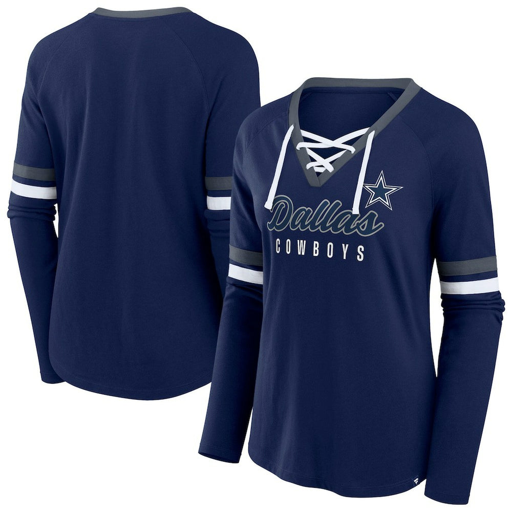 Dallas Cowboys Women's Plus Size Won & Done Lace-Up V-Neck Long Sleeve T-Shirt - Navy T-shirts