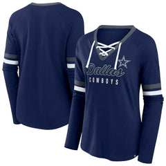 Dallas Cowboys Women's Plus Size Won & Done Lace-Up V-Neck Long Sleeve T-Shirt - Navy T-shirts