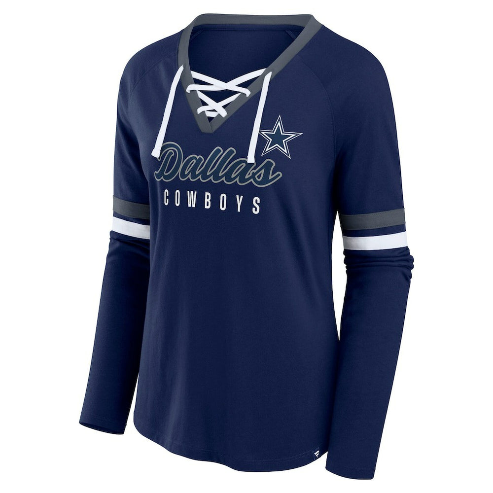 Dallas Cowboys Women's Plus Size Won & Done Lace-Up V-Neck Long Sleeve T-Shirt - Navy T-shirts