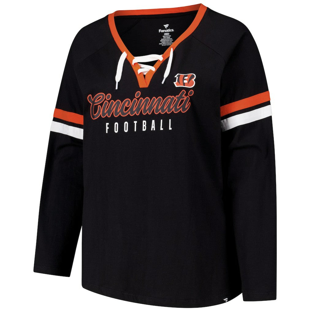 Cincinnati Bengals Women's Plus Size Won & Done Lace-Up V-Neck Long Sleeve T-Shirt - Black T-shirts