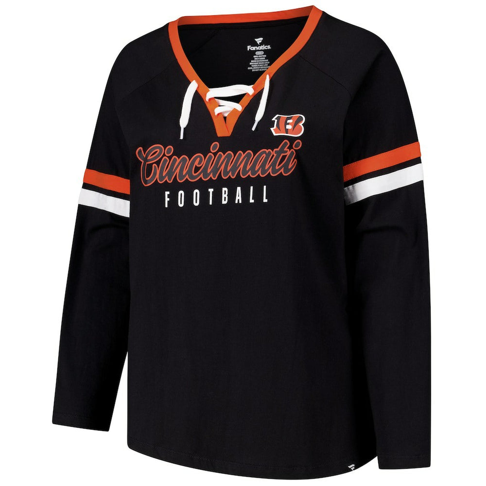 Cincinnati Bengals Women's Plus Size Won & Done Lace-Up V-Neck Long Sleeve T-Shirt - Black T-shirts