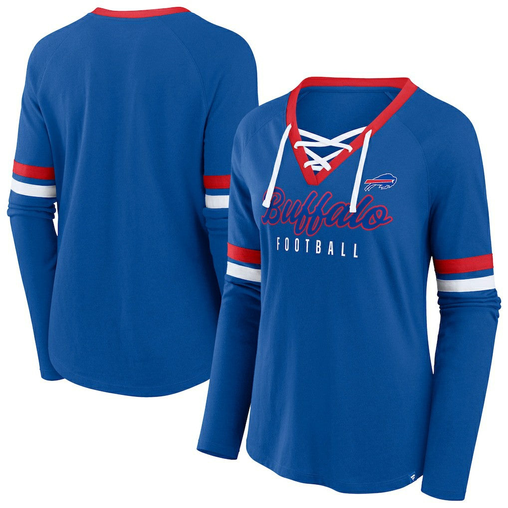 Buffalo Bills Women's Plus Size Won & Done Lace-Up V-Neck Long Sleeve T-Shirt - Royal T-shirts