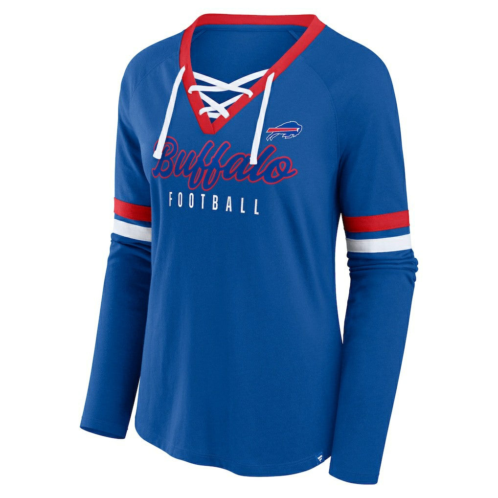 Buffalo Bills Women's Plus Size Won & Done Lace-Up V-Neck Long Sleeve T-Shirt - Royal T-shirts