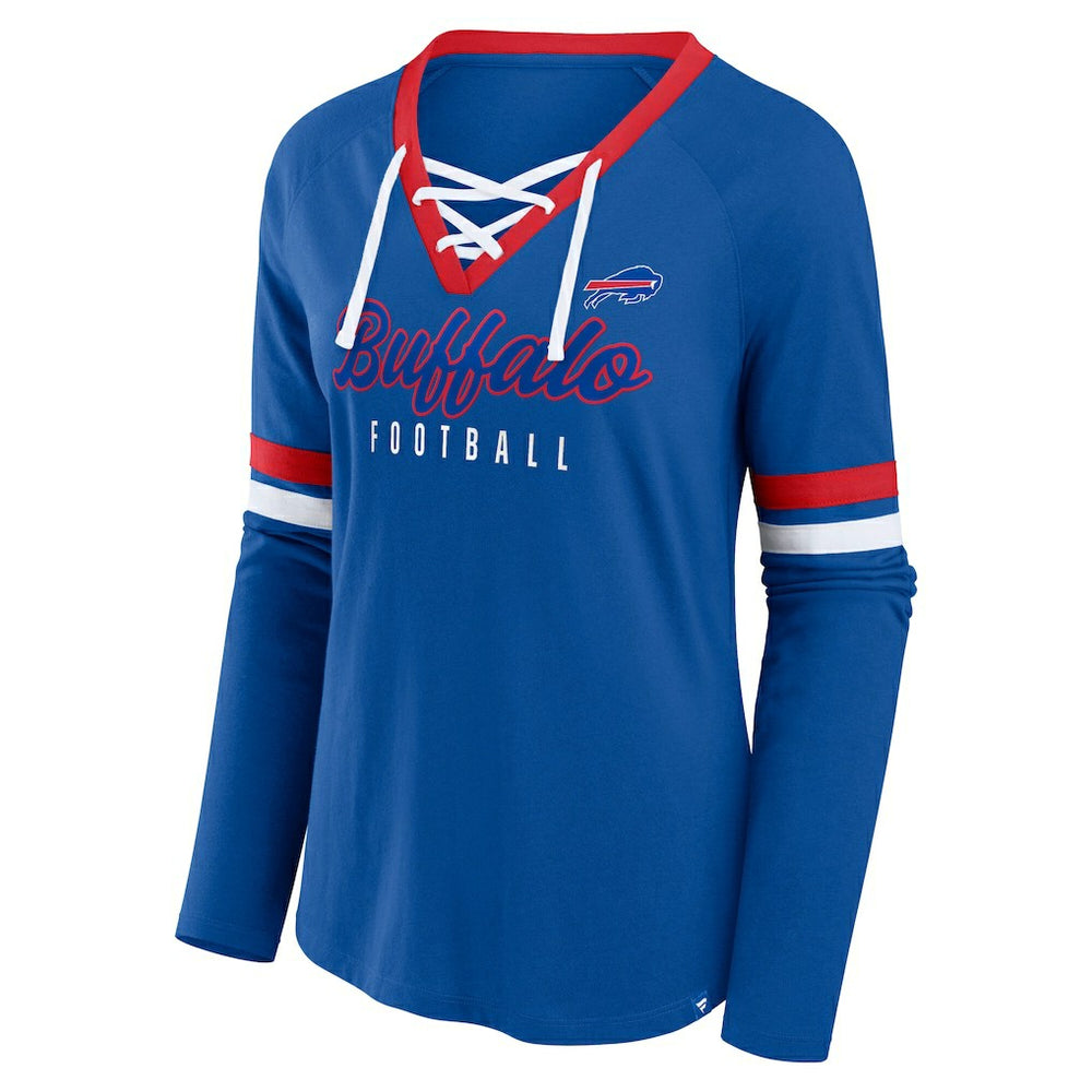 Buffalo Bills Women's Plus Size Won & Done Lace-Up V-Neck Long Sleeve T-Shirt - Royal T-shirts