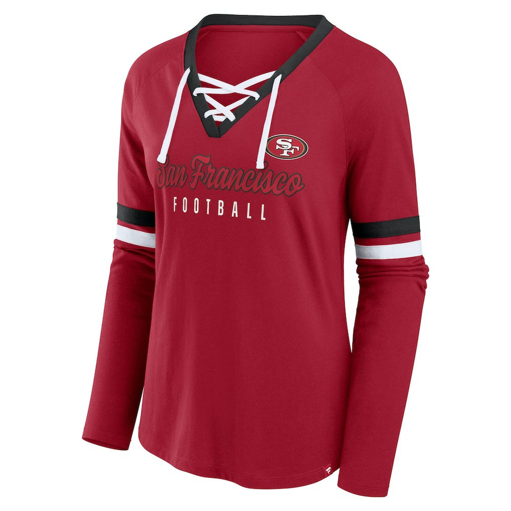 San Francisco 49ers Women's Plus Size Won & Done Lace-Up V-Neck Long Sleeve T-Shirt - Scarlet T-shirts