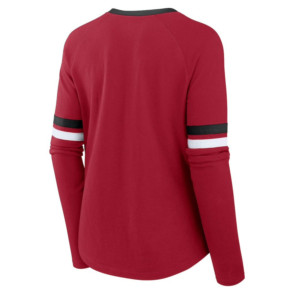 San Francisco 49ers Women's Plus Size Won & Done Lace-Up V-Neck Long Sleeve T-Shirt - Scarlet T-shirts