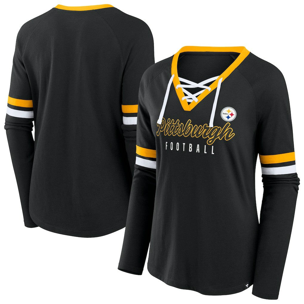 Pittsburgh Steelers Women's Plus Size Won & Done Lace-Up V-Neck Long Sleeve T-Shirt - Black T-shirts