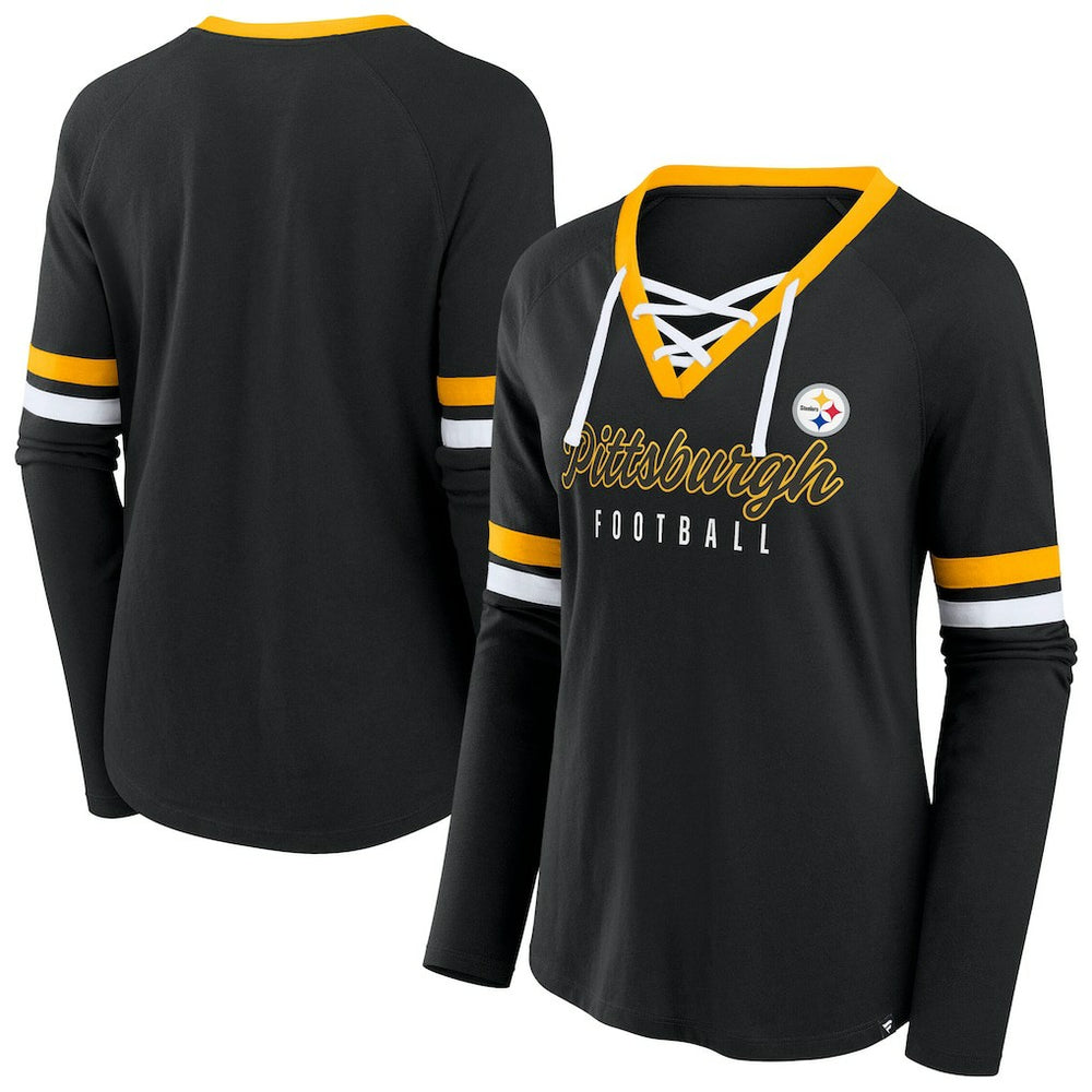 Pittsburgh Steelers Women's Plus Size Won & Done Lace-Up V-Neck Long Sleeve T-Shirt - Black T-shirts