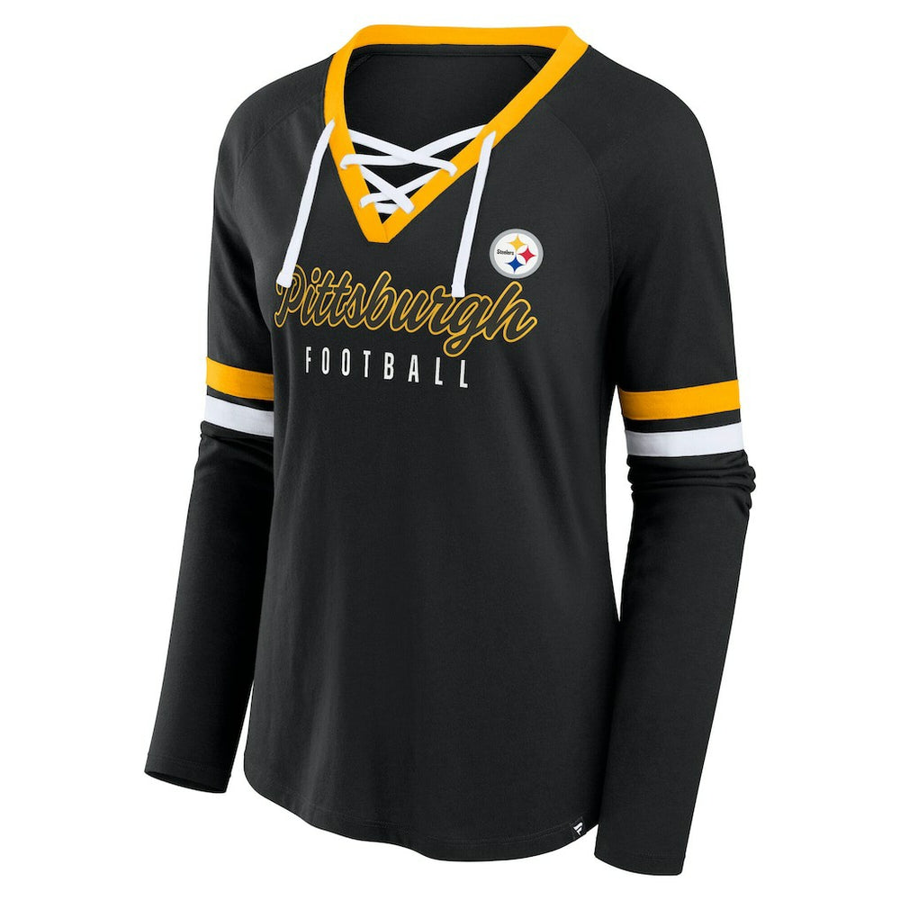 Pittsburgh Steelers Women's Plus Size Won & Done Lace-Up V-Neck Long Sleeve T-Shirt - Black T-shirts
