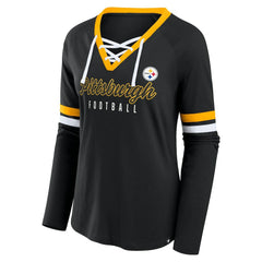 Pittsburgh Steelers Women's Plus Size Won & Done Lace-Up V-Neck Long Sleeve T-Shirt - Black T-shirts