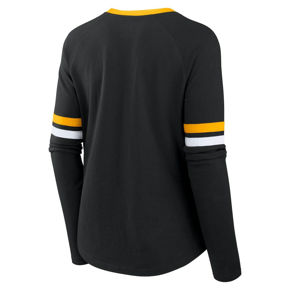 Pittsburgh Steelers Women's Plus Size Won & Done Lace-Up V-Neck Long Sleeve T-Shirt - Black T-shirts