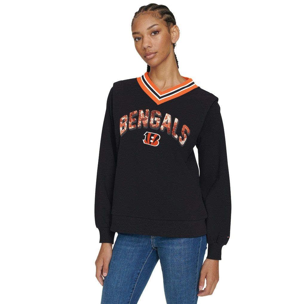 Cincinnati Bengals Tommy Hilfiger Women's Alice V-Neck Pullover Sweatshirt - Black Pullover