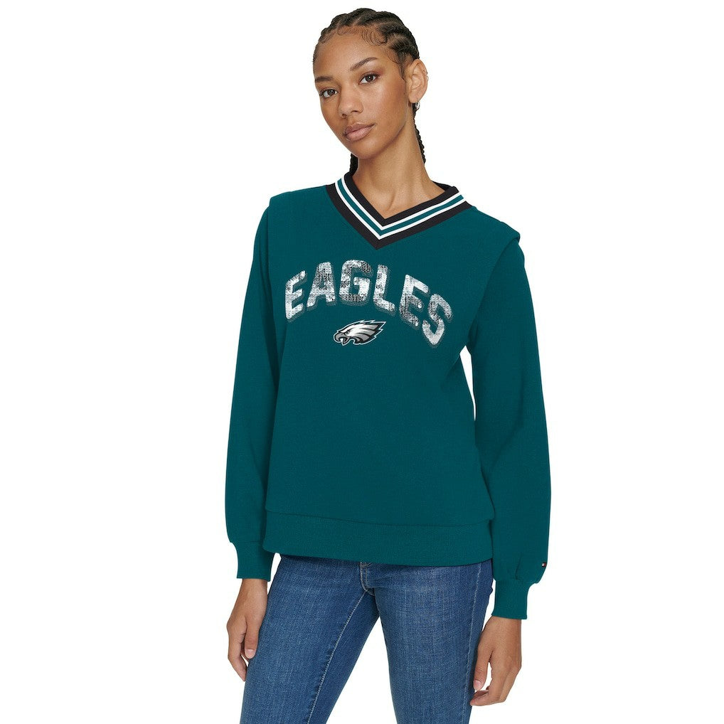Philadelphia Eagles Tommy Hilfiger Women's Alice V-Neck Pullover Sweatshirt - Midnight Green Pullover