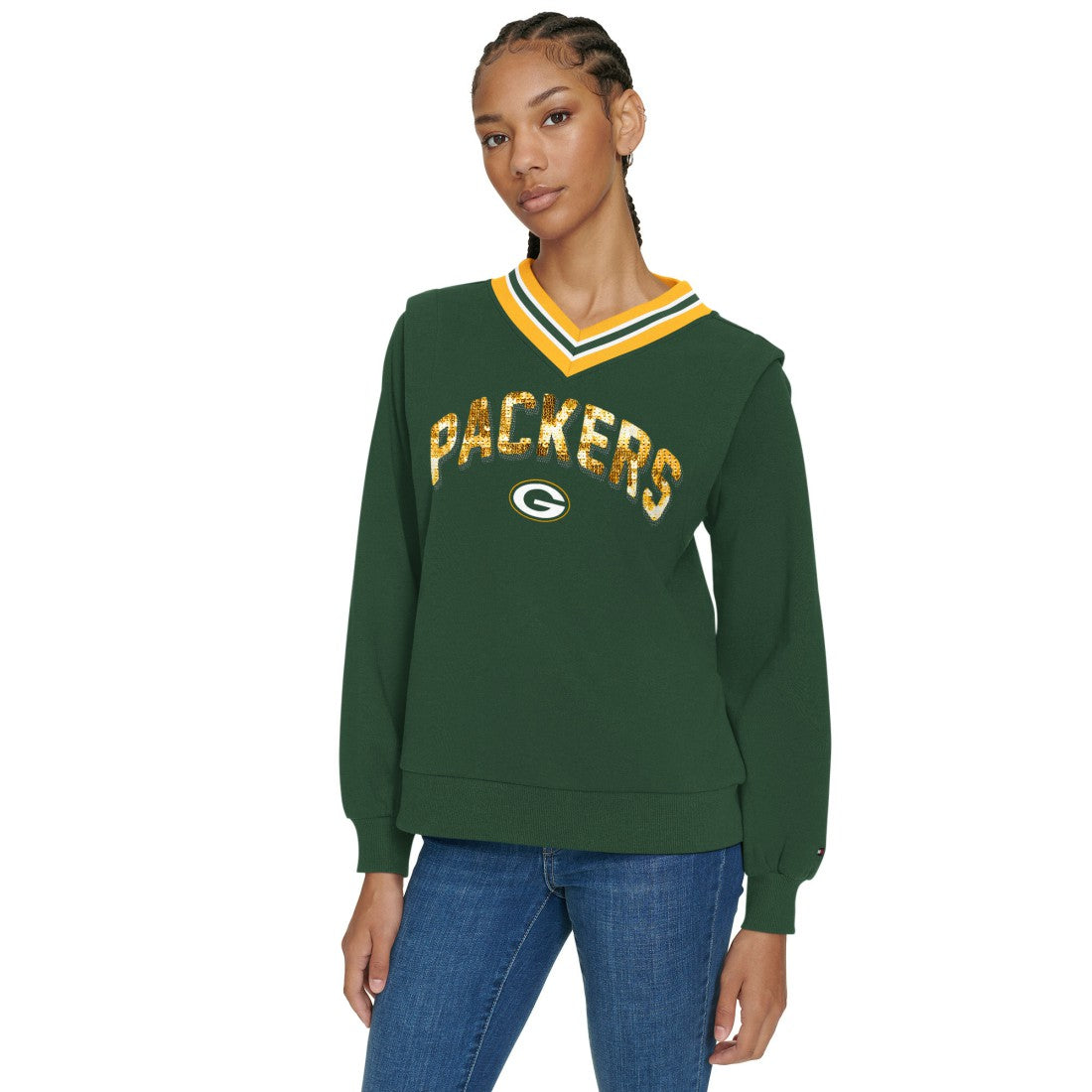 Green Bay Packers Tommy Hilfiger Women's Alice V-Neck Pullover Sweatshirt - Green Pullover