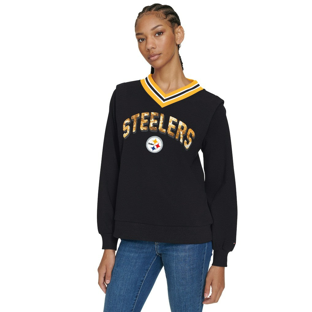 Pittsburgh Steelers Tommy Hilfiger Women's Alice V-Neck Pullover Sweatshirt - Black Pullover
