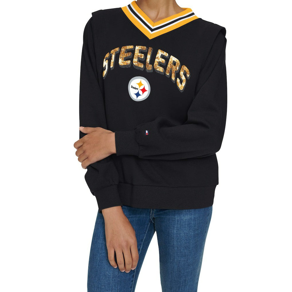 Pittsburgh Steelers Tommy Hilfiger Women's Alice V-Neck Pullover Sweatshirt - Black Pullover