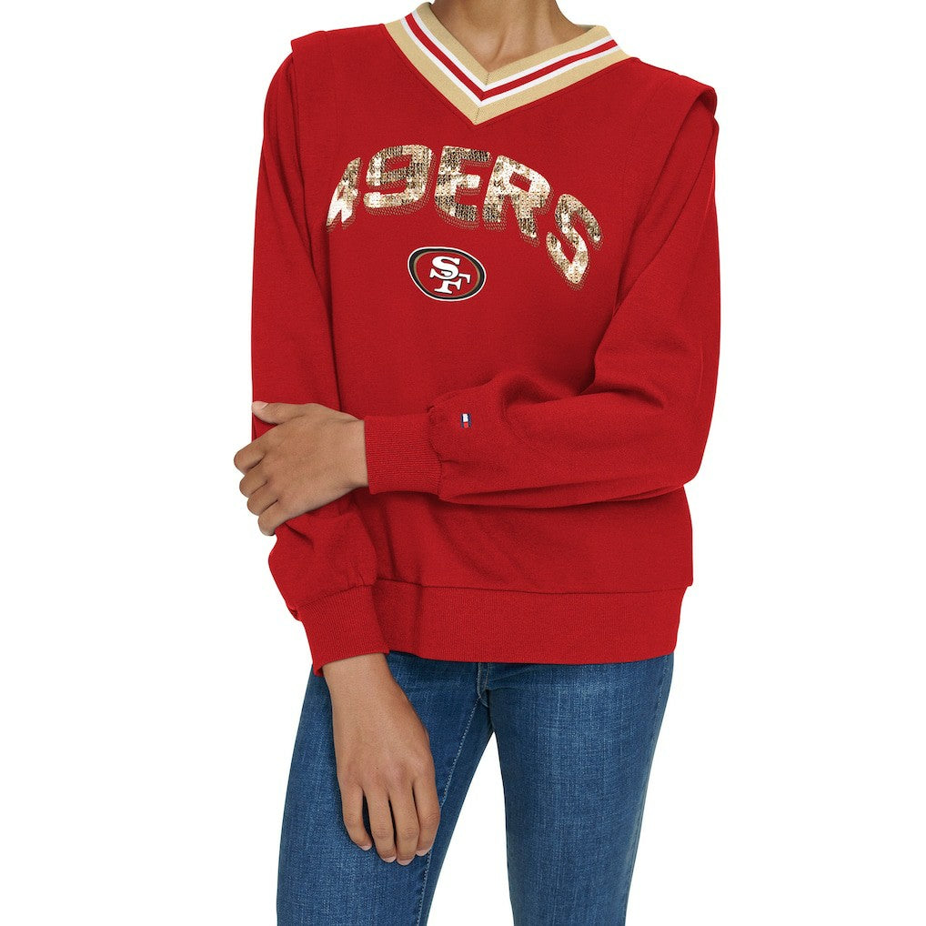 San Francisco 49ers Tommy Hilfiger Women's Alice V-Neck Pullover Sweatshirt - Scarlet Pullover