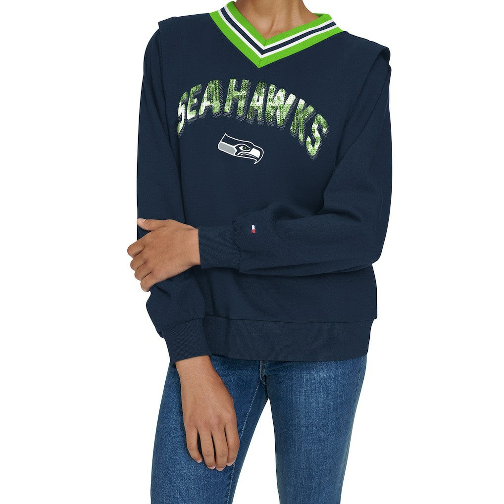 Seattle Seahawks Tommy Hilfiger Women's Alice V-Neck Pullover Sweatshirt - Navy Pullover