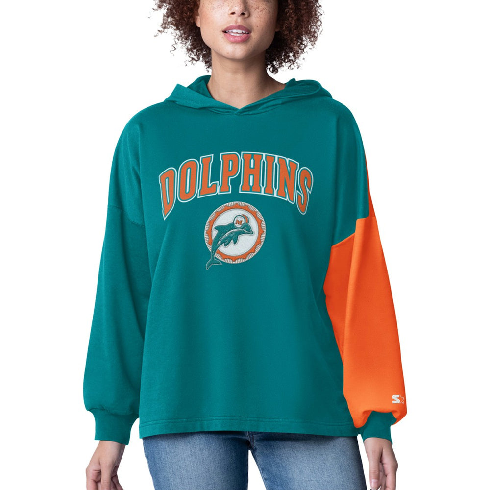 Miami Dolphins Starter Women's Power Move Long Sleeve Pullover Hoodie - Aqua Hoodies